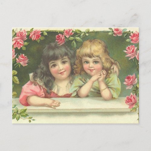 2 Victorian Girls Pink Roses Vintage Postcard