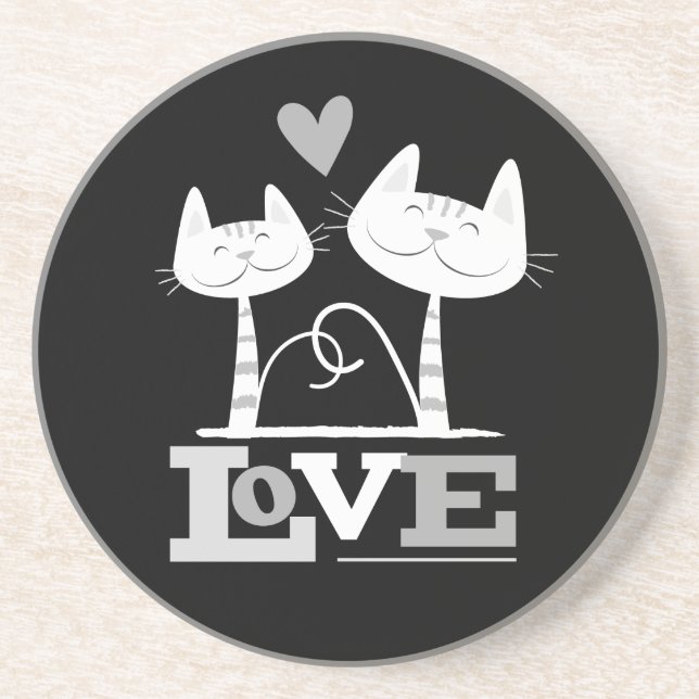 2 White Cats in Love (b&w) Sandstone Coaster (Front)