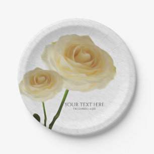 2 White Painted Roses Elegant Bridal Shower Paper Plates