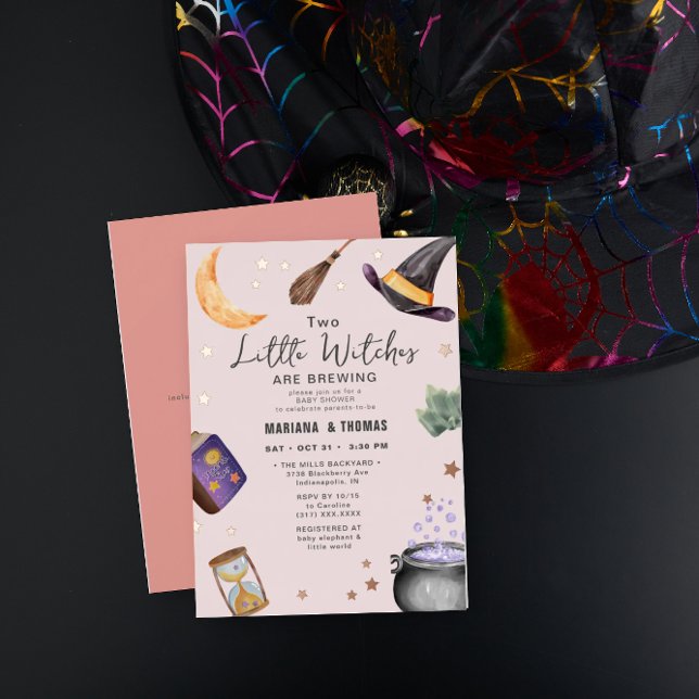2 Witches Brewing Twin Girls Halloween Baby Shower Foil Invitation (Creator Uploaded)