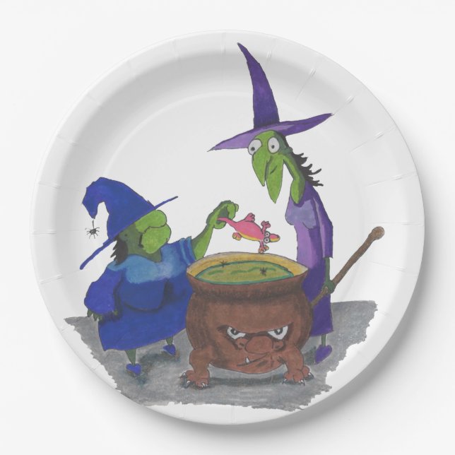 2 Witches brewing up potion in Cauldron Halloween Paper Plates (Front)