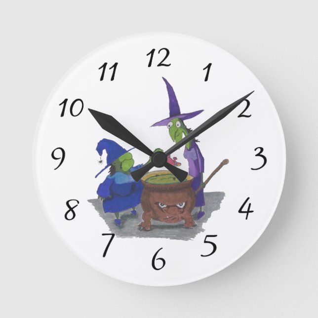 2 Witches brewing up potion in Cauldron Halloween Round Clock (Front)
