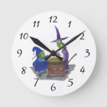 2 Witches brewing up potion in Cauldron Halloween Round Clock