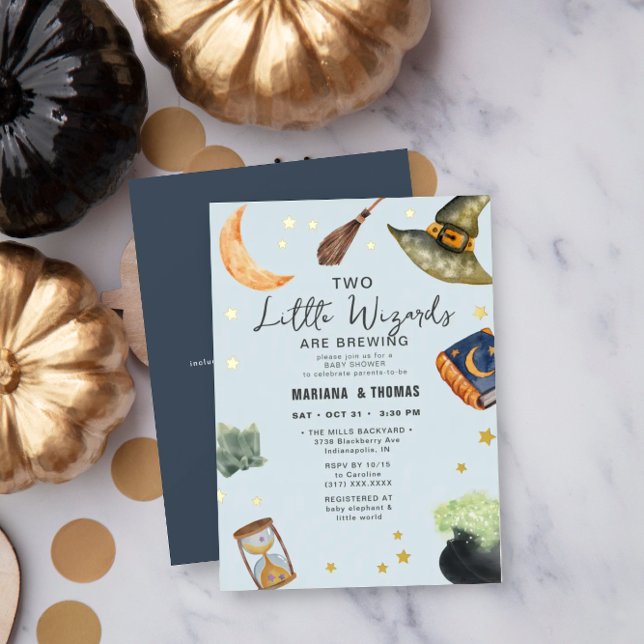 2 Wizards Brewing Twin Boys Halloween Baby Shower Foil Invitation (Creator Uploaded)