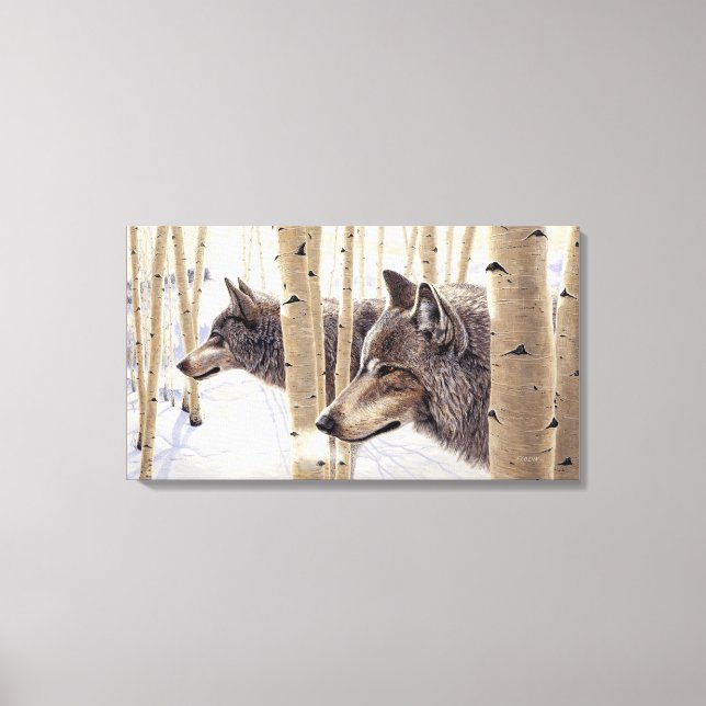 2 Wolves Among Aspen Trees, Acrylic Painting Canvas Print (Front)