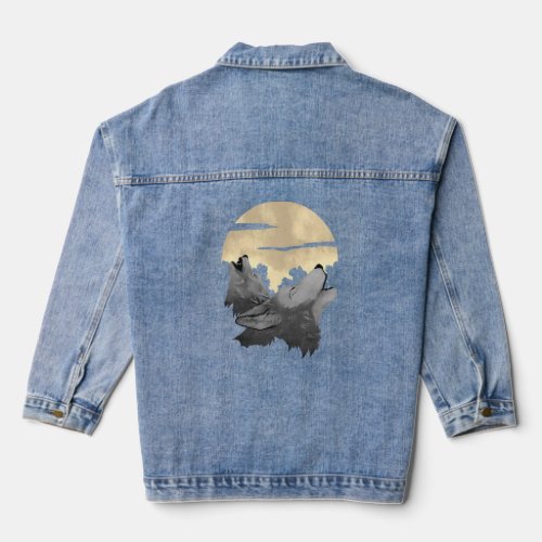 2 wolves howl the moon at night  denim jacket