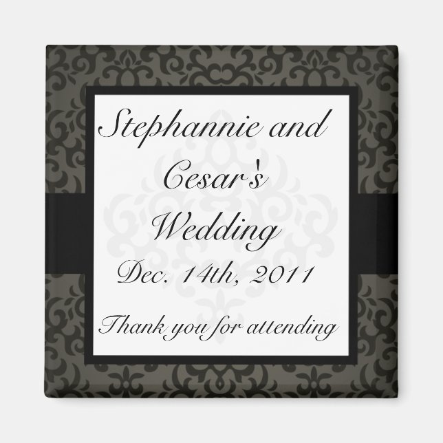 2"x2" Announcement Magnet Black and Gray Damask (Front)