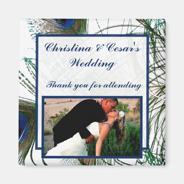 2"x2" Announcement Magnet Peacock Feathers Blue/Gr (Front)