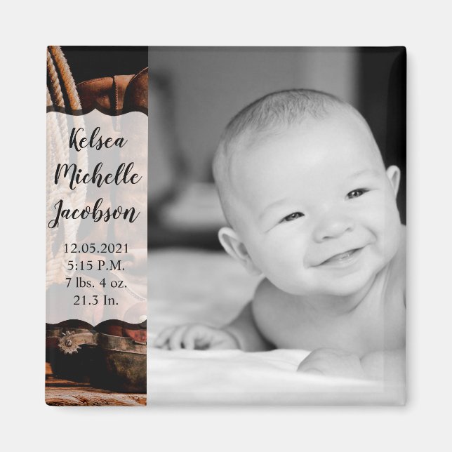 2"x2" Birth Announcement Magnet Cowboy Boots Barn (Front)
