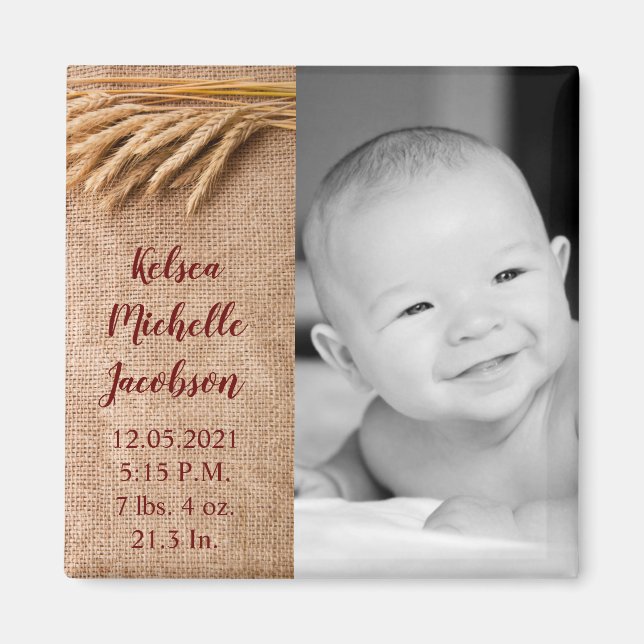 2"x2" Birth Announcement Magnet Wheat on Burlap Sa (Front)
