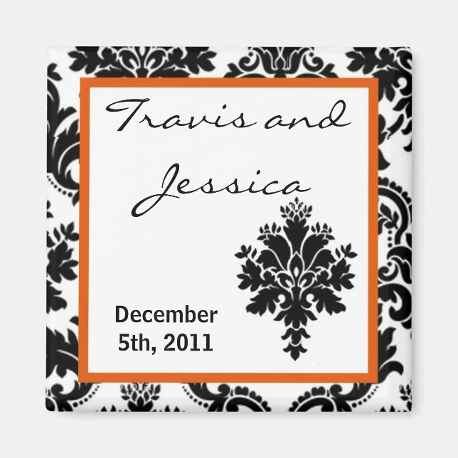 2"x2" Favor Magnet Black Orange Damask Lace Print (Front)