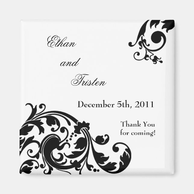 2"x2" Favor Magnet Black White Floral Filigree (Front)