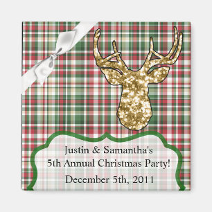 2"x2" Favor Magnet Gold Glitter Reindeer Plaid Buc