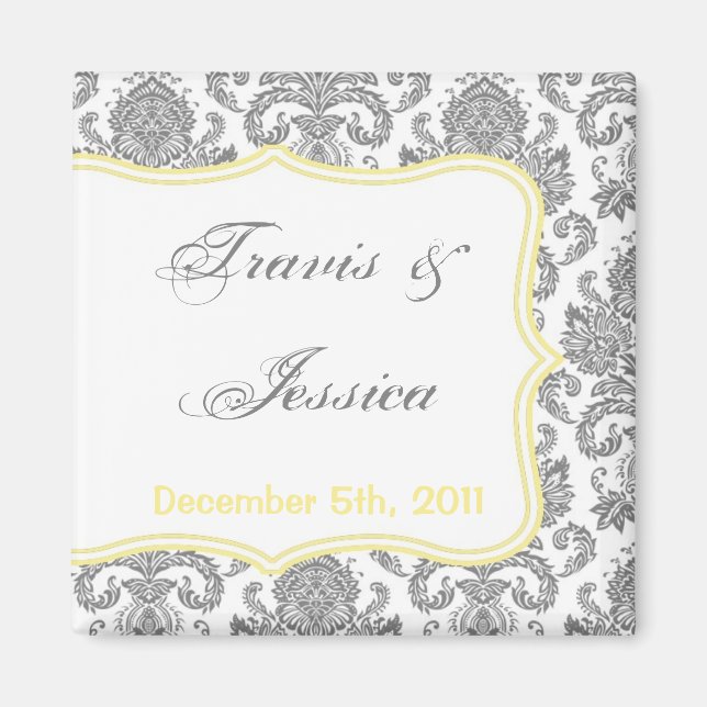 2"x2" Favor Magnet Gray Yellow Damask Lace Print (Front)