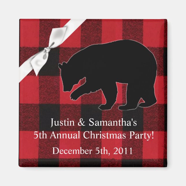 2"x2" Favor Magnet Red Plaid Black Bear (Front)