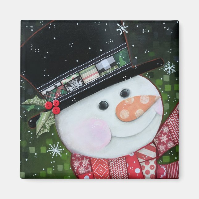 2"x2" Patchwork Snowman Square Magnet (Front)