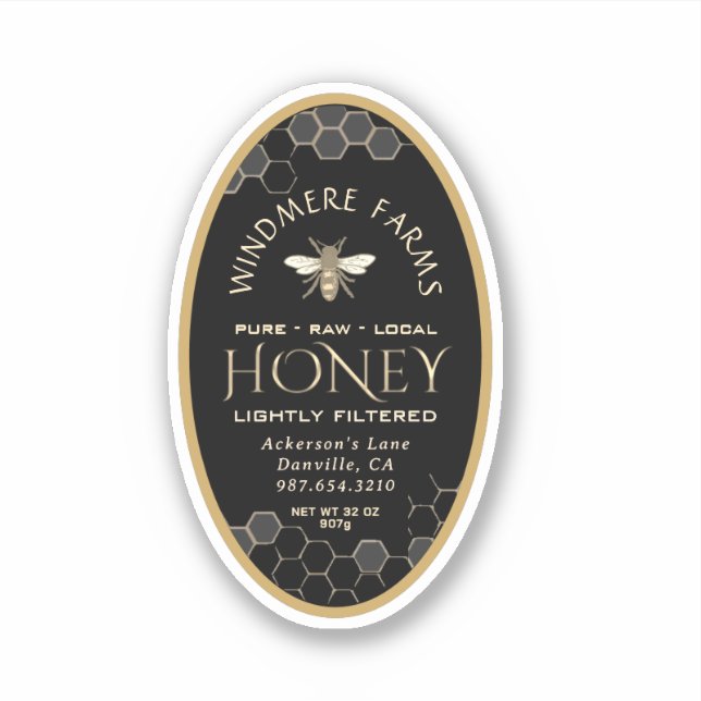 2 x 3” Oval Queenline Black Honeycomb Honey Jars   Sticker (Front)