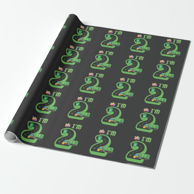 2 Year Old Garbage Truck 2nd Birthday Wrapping Paper (Unrolled)