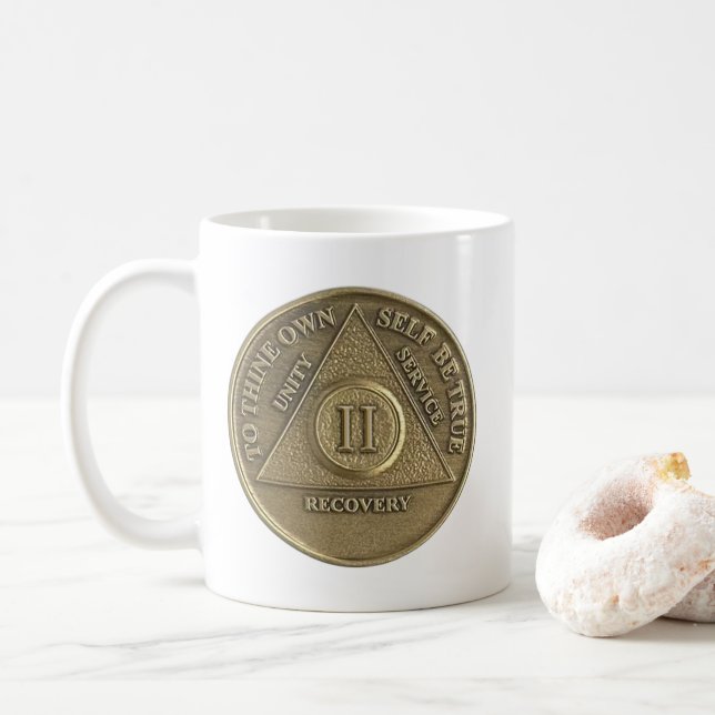 2 Year Sober Medallion Coin Happy Anniversary Coffee Mug (With Donut)