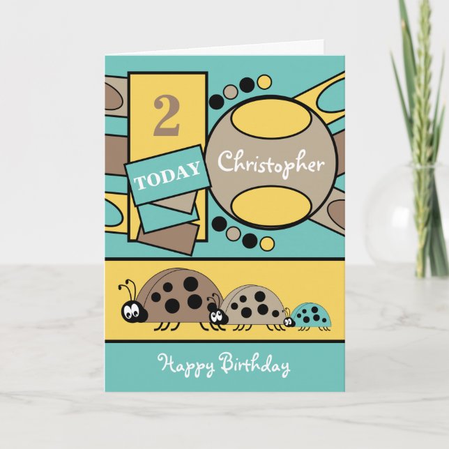 2 years old any age ladybirds brown turquoise card (Front)