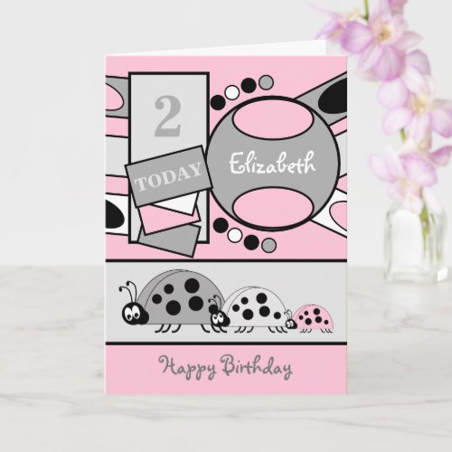2 years old any age ladybirds pink grey birthday card