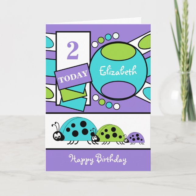 2 years old any age ladybirds purple green card (Front)