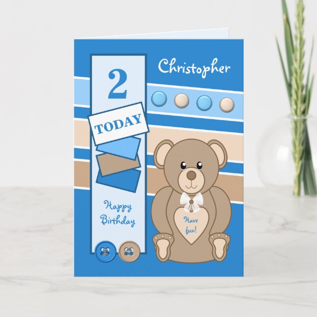 2 years old any age teddy bear kids blue brown card (Front)