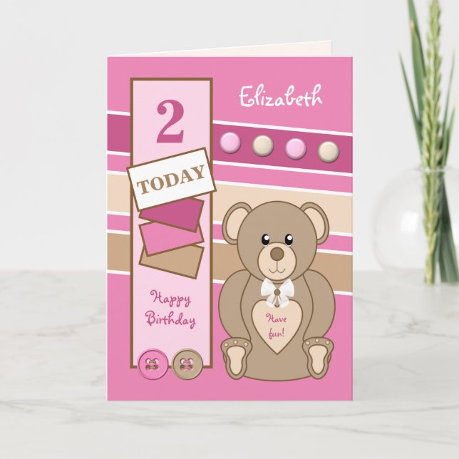 2 years old any age teddy bear kids pink brown card (Front)