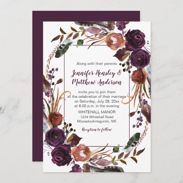 #2Butter Rum Rust Dark Purple Roses Wreath Wedding Invitation (Front/Back)