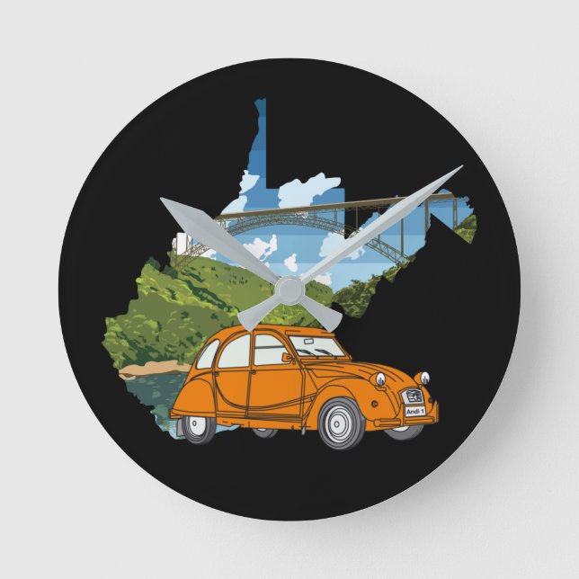 2CV Deux Chevaux Landscape Illustration Round Clock (Front)