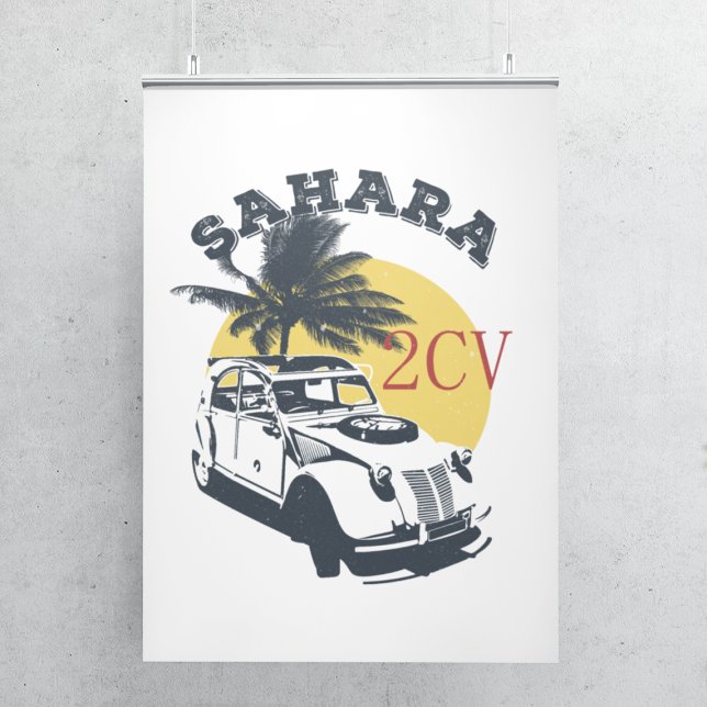 2cv Deux Chevaux Sahara Offroad Oldtimer  Poster (2CV Sahara Poster in White with a Dark Grey Yellow and Red Nature Illustration)