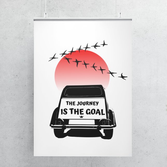 2CV Oldtimer Sunset - The journey is the goal   Poster (2CV Poster in White with a Red Sunset and Birds Illustration)
