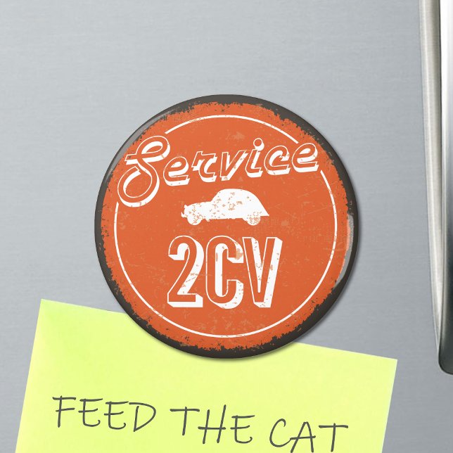 2CV Service Vintage Orange Carshop Typography Magnet (2CV Magnet in Orange with a White Vintage Text and Deux Chevaux Illustration)
