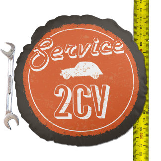2CV Service Vintage Orange Carshop Typography Round Pillow