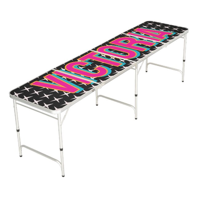 2D Retro Stars Pink Blue Name Beer Pong Table (Angled)