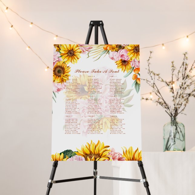2in1 Boho Sunflowers Roses Wedding Seating Photo Foam Board (In Situ (Stand))