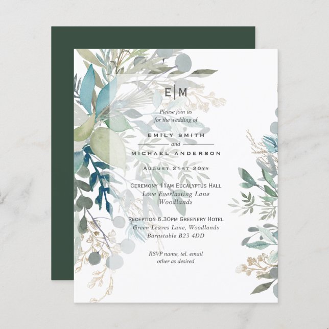 2in1 Greenery Wedding Ceremony Reception Inv (Front/Back)