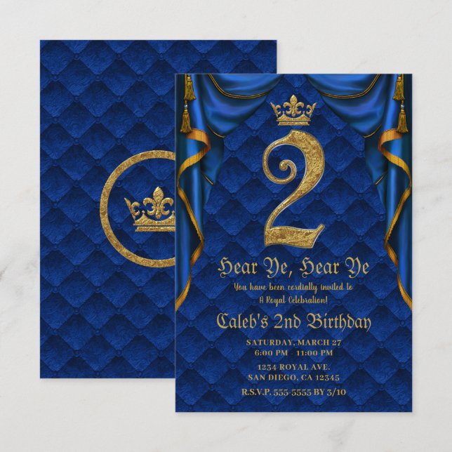 2ND 2 TWO Birthday Party Royal Blue Gold Crown    Invitation (Front/Back)