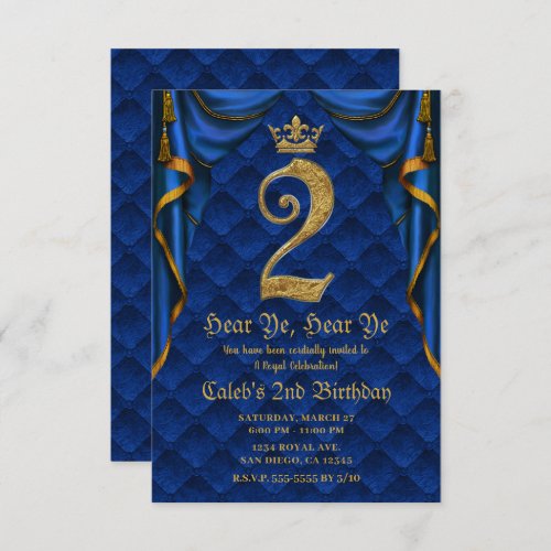 2ND 2 TWO Birthday Party Royal Blue Gold Crown    Invitation