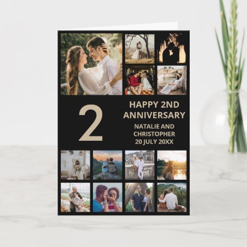 2nd Anniversary 13 Photo Collage Black and Gold Card
