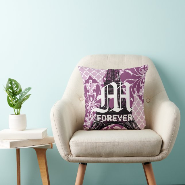 2nd Anniversary Cotton Plum Eiffel Tower Monogram Throw Pillow (Chair)