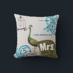 2nd Anniversary Damask Peacock Birdcage Mrs. Throw Pillow<br><div class="desc">You Personalize this Whimsical Cute Peacock Birdcage Pillow to say anything you like or use the existing Mrs. for the Bride. The 2nd Anniversary is the Cotton Anniversary which symbolizes the Natural Growth of all the adaptability, versatility and purity (when nurtured just like plants) takes place in that romantic 2...</div>