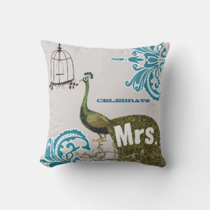 2nd Anniversary Damask Peacock Birdcage Mrs. Throw Pillow