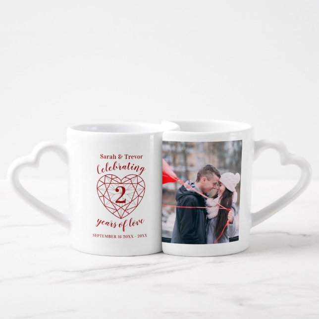 2nd anniversary garnet heart custom two photos coffee mug set (Front Nesting)