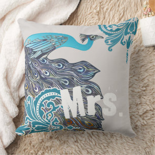 2nd Anniversary is Cotton Teal Navy Peacock Damask Throw Pillow