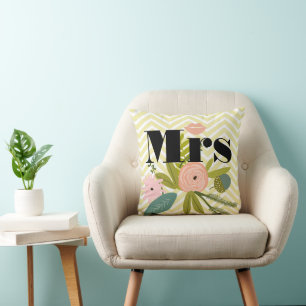 2nd Anniversary Mrs Lips Yellow White Teal ZigZag Throw Pillow