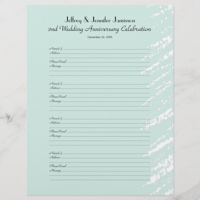 2nd Anniversary Party Guest Book Sign-In Page (Front)