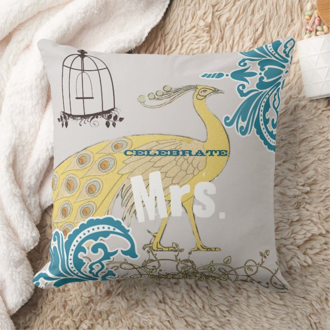2nd Anniversary Teal Yellow Coral Damask Birdcage Throw Pillow (Blanket)