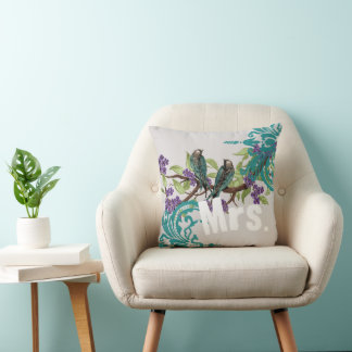 2nd Anniversary Vintage Teal Birds Purple Blooms Throw Pillow
