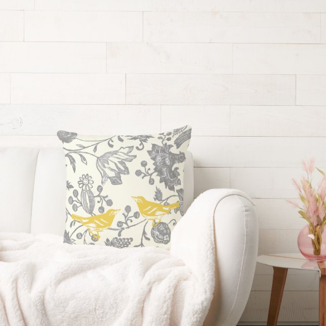 2nd Anniversary Yellow Gray Ivory Floral Lovebird Throw Pillow (Couch)